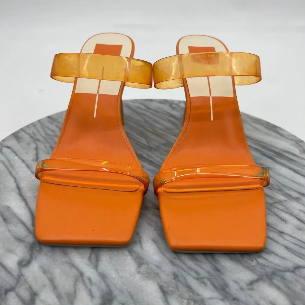 Dolce Vita Heels Womens 9 Orange Novah Angular Slip On Vinyl Transparent Straps - Picture 3 of 11